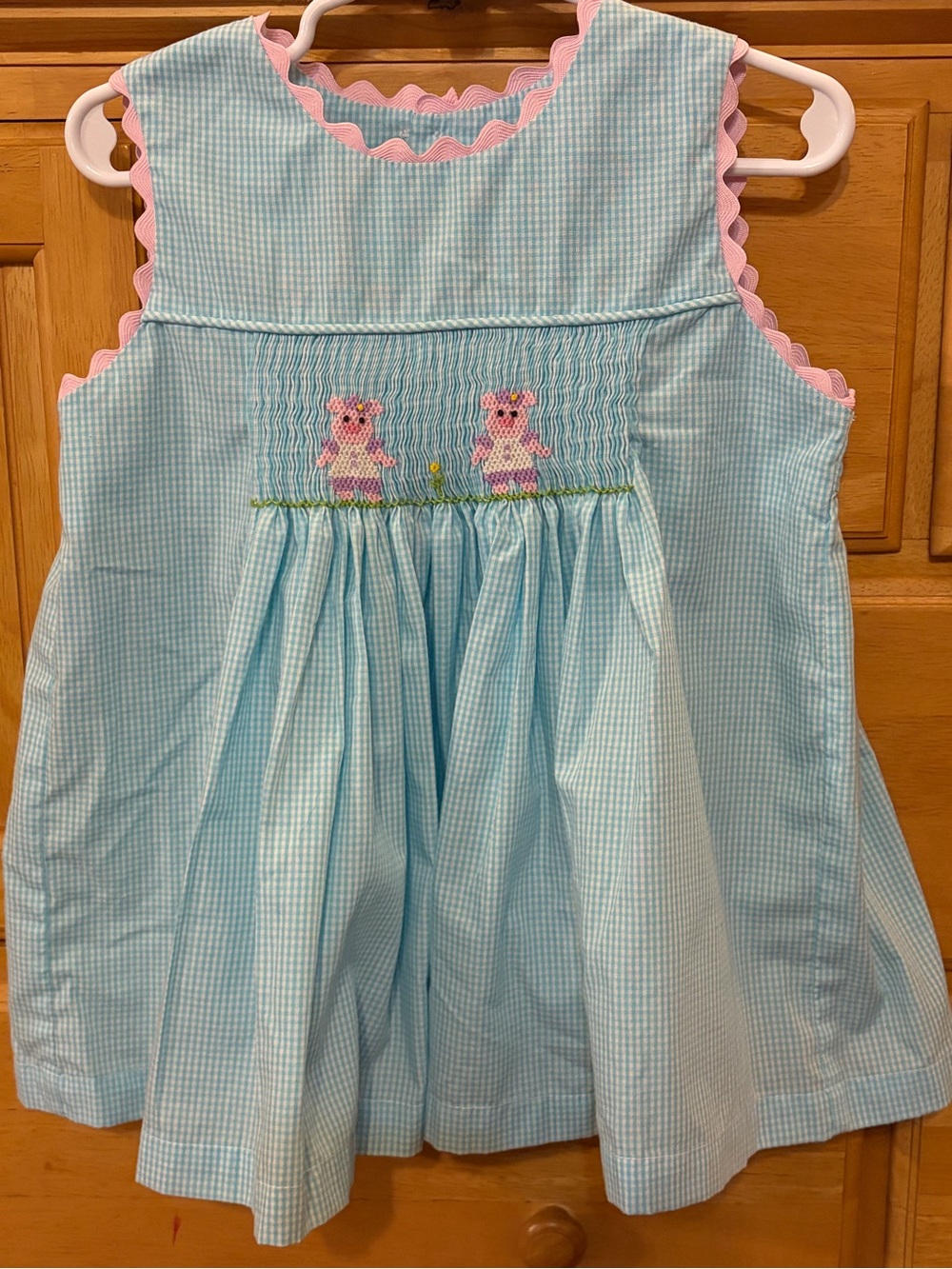 Remember Nguyen Girl's Blue Gingham Top with Pink Trim and Smocked Pigs Size 5